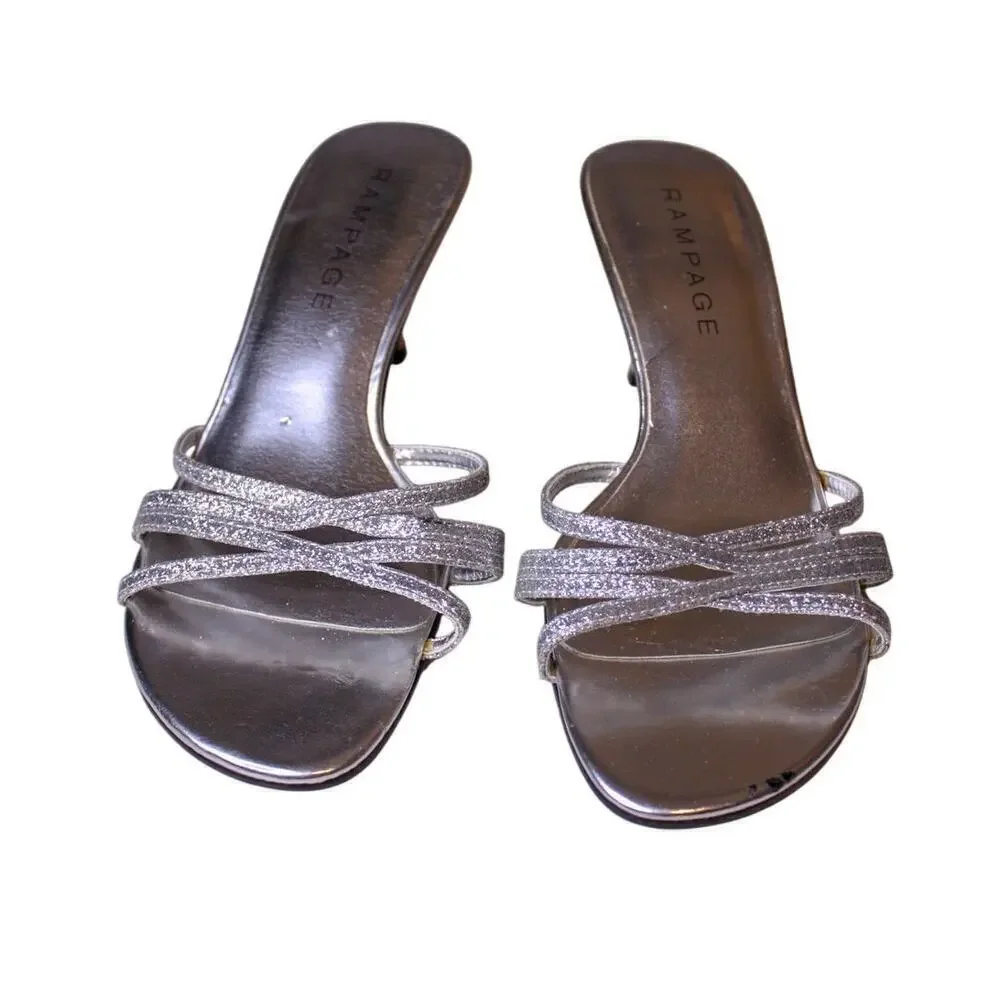 Rampage Frankie Silver Glitter Metallic Slip On High Heel Sandals 9M